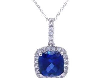 Blue Sapphire & Pavé Diamond Cushion Halo Drop Pendant Necklace in White Gold
