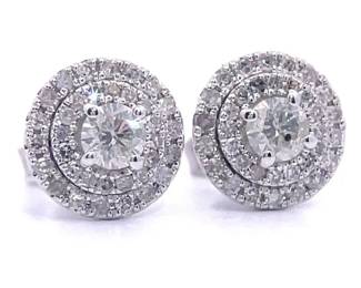 1 Carat Diamond Round Cluster Halo Stud Earrings in White Gold