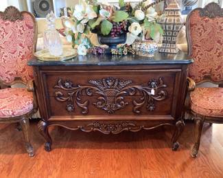 Marble top chest/sofa table; matching arm chairs