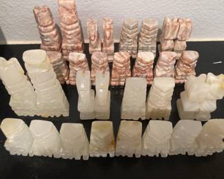 Carved Mexican Aztec onyx chess set (no board) - 32 pieces