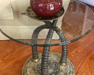 Metal "elephant tusks" glass top side table