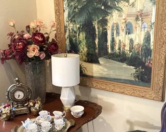 Framed art; side table and accessories