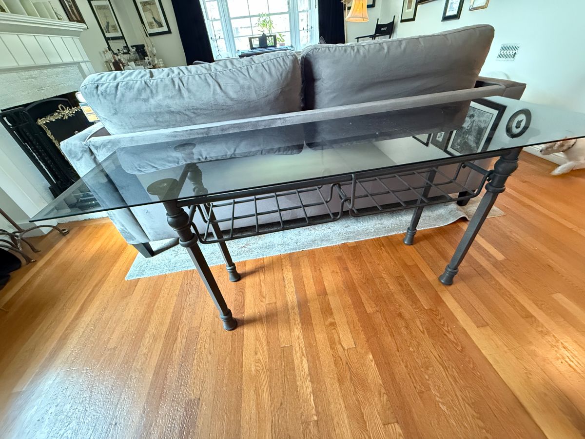 Custom made iron console table with smoked glass top and shelves 