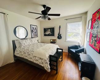 Full Size Bed Frame with new mattress less than 2yrs old. Comes with Gray Linen Headboard 