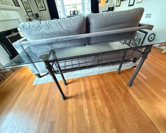 Custom made iron console table with smoked glass top and shelves 