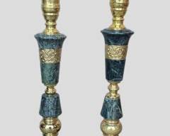 Pair Beautiful Hollywood Regency Brass and Malachite Like Stone Ornate Candle Pillars
