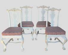 4 Vintage Chippendale Style Hand Carved Painted Wood Chairs with Shell Motif and Ball and Claw Feet
