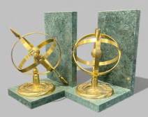 Vintage Brass and Green Marble Armillary Sphere Book ends
