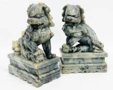 Pair Carved Asian Soapstone Foo Dogs Book Ends

