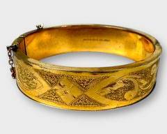 Antique Victorian Gold Filled Wide Hinged Flat Engraved Bracelet w Safety Chain.
