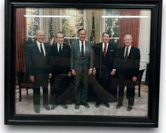 Vintage Framed Wall Hanging Photo of Former US Presidents Gerald Ford, Richard Nixon, George Herbert Walker Bush, Ronald Reagan, and Jimmy Carter
