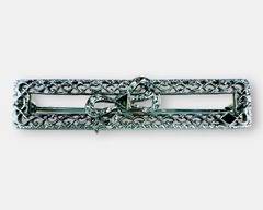 Lovely 10k White Gold Diamond & Green Stone Art Deco Filigree Ribbon Pin.
