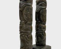 Vintage Signed Amos Wallace 1966 Griffins Alaska Soap Stone Native American Pair Totems
