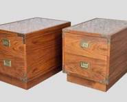 Pair Mid Century Modern MCM Campaign Style Wood Side Tables Brass Hardware
