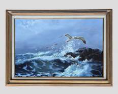 Wonderful Acrylic Painting Seascape with Seagulls on Canvas in Wood Frame
