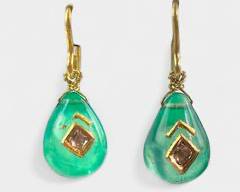 Fine 14K Gold Mine Cut Diamond Green Quartz Teardrop Pierced Dangle Earrings
