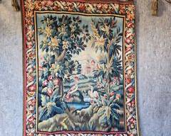 Vintage Fancy Aubusson Landscape Tapestry on Decorative Rod with Ornate Finials
