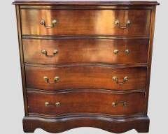 Vintage Wood Chest Serpentine Front and Leather Inlay Top 4 Drawers Brass Hardware Dovetail Construction
