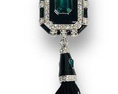 Fancy FX White Enamel Green Crystal Accent Watch Pendant Necklace with Tassel
