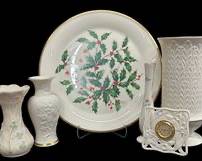 Fine Lenox Holiday Plate, Porcelain Vases & Clock and Belleek Ireland Vase Lot
