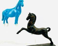 Vintage Blue Porcelain Horse And Marked Japan Bronze Horse Statue

