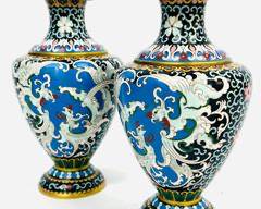 Stunning Pair Chinese Cloisonne 10" High Vases High Quality See all detail Great Condition
