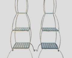 Pair Fantastic Vintage Fancy Iron Tiered Tall Display Stands Thick Glass Shelves High Quality Hollywood Regency Style
