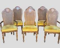 THOMASVILLE 6 Vintage Cane Back Hollywood Regency Style Dining Chairs with Velvet Upholstery
