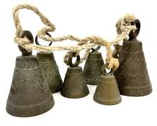 Vintage Middle Eastern Etched Floral Brass Bell Set Collection of 6
