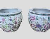 Pair Asian Ceramic Jardinieres with Painted Goldfish Inside
