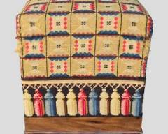Fantastic Antique Needlepoint Trompe L'oeil "Quilt w/Hanging Tassels" Foot Stool

