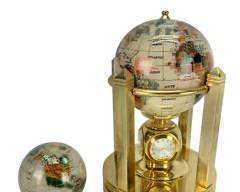 Vintage Precious Stone Mounted Globe Japanese Quartz Desk Clock With Precious Stone Paper Weight
