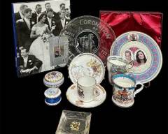 Collectible Queen of England China Tea Cups and Trinket boxes With Glass Coronation Of George VI Plate and High Society Book
