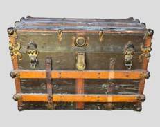 Antique Wood Slat and Metal Storage Trunk Great Coffee Table
