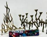 Vintage Abstract Modern Gary Rosenthal, Brass Hinged Trifold MCM Judaica Menorah Candelabras
