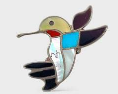 Fine Zuni Pueblo Silver Hummingbird Inlay Brooch Pin
