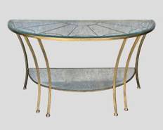 Vintage Hollywood Regency Style Gilt Painted Metal with Glass Top Demilune Table spiderweb Metalwork top
