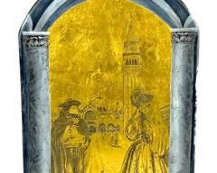 Vintage Italian Hand Painted Gilt Decorated Masquerade Ball Glass Plaque
