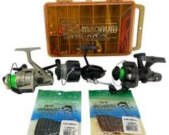Great Small Fishing Tackle Lot With Daiwa, Shimano and Garcia Mitchell 300 France Reels, Plano Side-Kick Tackle Box With Custom Baits, Lead Lures, Spinners, Plugs and More!
