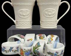 Vintage Portmeirion Pottery Stoke on Trent and the Botanic Garden Circa 1818 Napkin Rings and Belleek Pair Teacups
