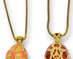 Two Vintage Bereri Faberge Egg Style Enamel Gold Tone Locket Pendants and Necklaces
