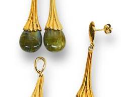 Pair Of Labradorite Gemstone Tear Drop Dangle Costume Jewelry Statement Earrings and Pendant

