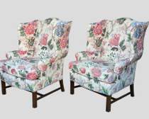 Pair Vintage Lovely BEACHLEY Linen Floral Covered Wing Back Large Chairs
