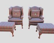 Pair Lovely Beachley Silk Striped Chippendale Style Lounge Chairs and Ottomans with Accent Pillows
