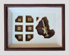 Mixed Media Collage of African Continent and Brass Crocodile with Carved Brass Pieces in Silk Frame
