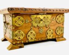 Antique/Vintage Wooden Box With Ornate Brass Accents And Decorative Studs.
