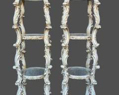 Pair Tall Vintage Tiered Hollywood Regency Display Stands with Glass Shelves
