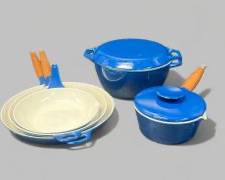 Set of Five Copco MCM Style Cast Iron Enamel Blue Cookware including Dutch Oven, Sauce pan and Three Skillets

