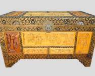 Amazing Vintage Asian Hand Carved Wood Trunk, Highly Ornate and Detailed Glass Top and Brass Hardware
