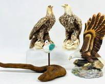 Vintage Lefton China Hand Painted Nest Egg Collection Eagle, Hand Carved Woode Shore Bird and Pair of Non-Branded Pair Eagles
